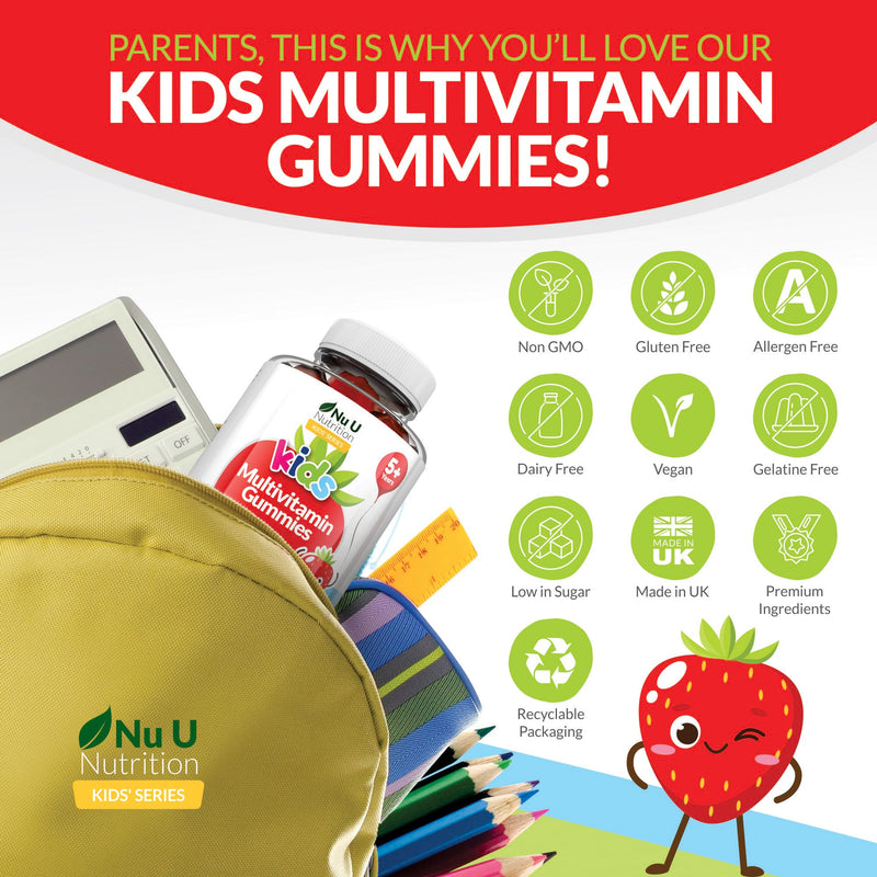 Nu U Nutrition - Multivitamin Gummies for Kids - 4 Month Suppply - 120 Vegan Berry Gummies - Strawberry Flavour - 9 Essential Vitamins Including Vitamin C, D & B12 - Made in the UK KIDS MULTIVITAMIN GUMMIES