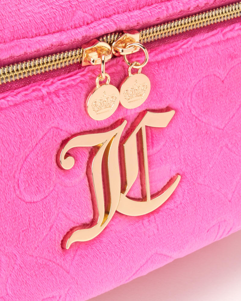 Juicy Couture Hot Pink Makeup Bag Cosmetics Organizer Travel Essentials Train Case Velour Heart Crown
