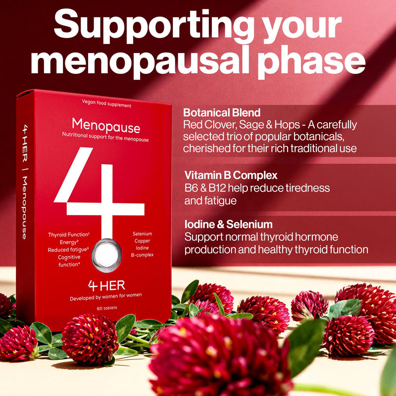 4 HER Menopause Supplements & Vitamins for Women – Hops, Sage, Red Clover & B6 – Hormone-Free Vegan Menopause Complex, B12 for Tiredness & Energy – 160mg Red Clover Tablets (30 Days) – GMP Certified