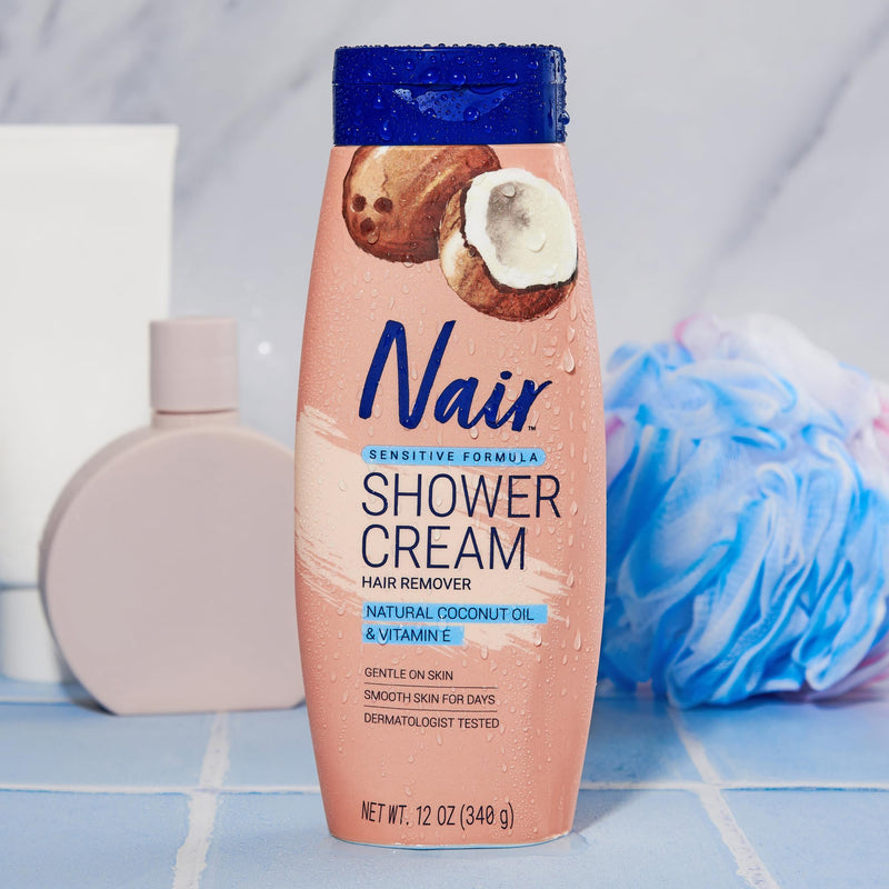 Nair Sensitive Shower Cream Hair Remover with Natural Coconut Oil and Vitamin E, Body Hair Removal Cream, 12 oz (Pack of 2) 12 Ounce (Pack of 2)