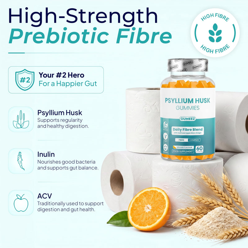 Psyllium Husk Gummies – High Fibre Supplement with Inulin & Apple Cider Vinegar for Digestive Health, Regularity & Gut Cleanse – Vegan Fibre Gummies with Natural Orange Flavour – 30 Day Supply