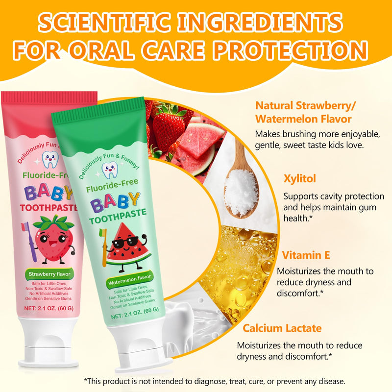 2PACK Kids Toothpaste Watermelon and Strawberry Flavor, Swallowable Toothpaste with xylitol and Vitamin E, Fights Plaque, Designed for Children, 2.1OZ Strawberry+Watermelon
