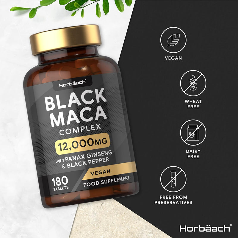 [Australia] - Maca Root Capsules | High Strength | Black Maca Complex | with Black Maca, Panax Ginseng, Yellow Maca & Black Pepper | 180 Vegan Tablets | by Horbaach 