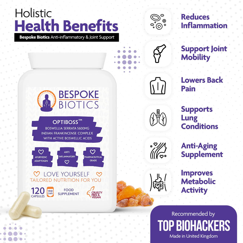 Boswellia Serrata 5600mg 120 Capsules (V) OPTIBOSS Strong Anti-inflammatory & Joint Support, Lung, Skin & Gut. Indian Frankincense Vegan Made in the UK to high GMP Standards