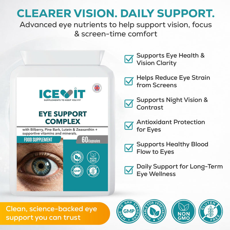 Eye Support Complex 60 Capsules with Lutein 10mg, Zeaxanthin 2mg, Bilberry & Pine Bark Extract, Vitamins E &C, Zinc for Normal Vision, Vegan Eye Health Supplement, Made in UK