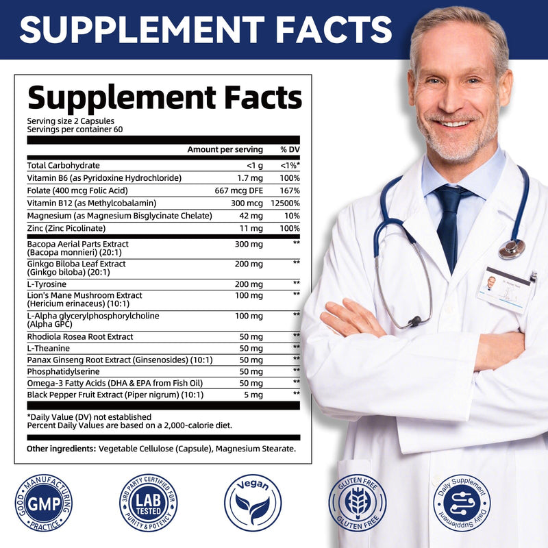 2-Pack Brain Supplements for Memory and Focus | Nootropic with Bacopa Monnieri, Lion's Mane, Alpha GPC, Ginkgo Biloba | Mental Clarity & Cognitive Support | Vitamin B6 & B12 Neuro Health 240 Count (Pack of 1)