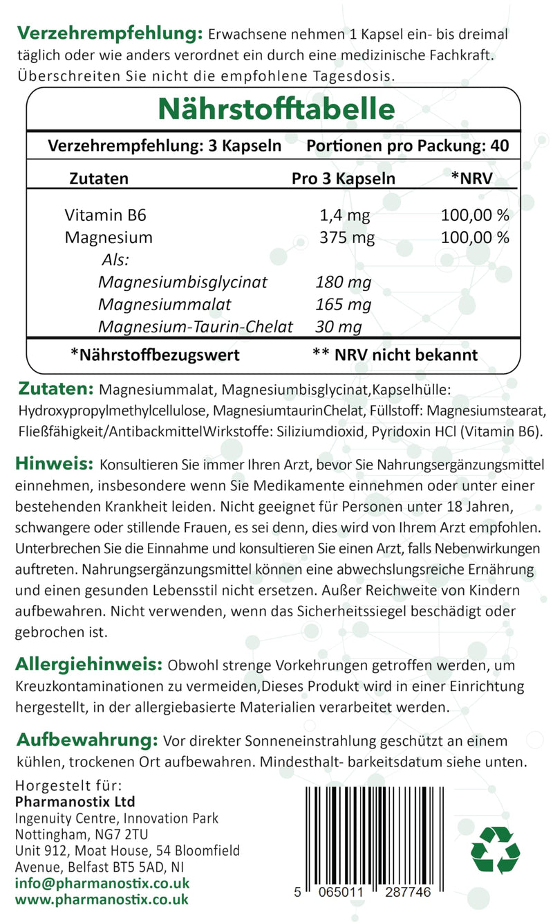 Triple Magnesium Complex 120 Vegan Capules - Malate, Bisglycinate & Taurate, Providing 375mg Elemental Magnesium Per Daily Serving - with Added Vitamin B6 by Pharmanostix