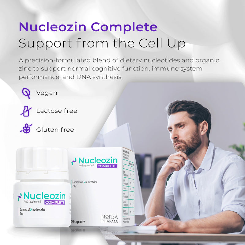 Nucleozin Complete (60 Capsules) | Zinc Citrate & Gluconate with Dietary Nucleotides | High Absorption Vegan Zinc Supplement for DNA, Cognitive, Immune & Cellular Health | Gluten & Additive-Free