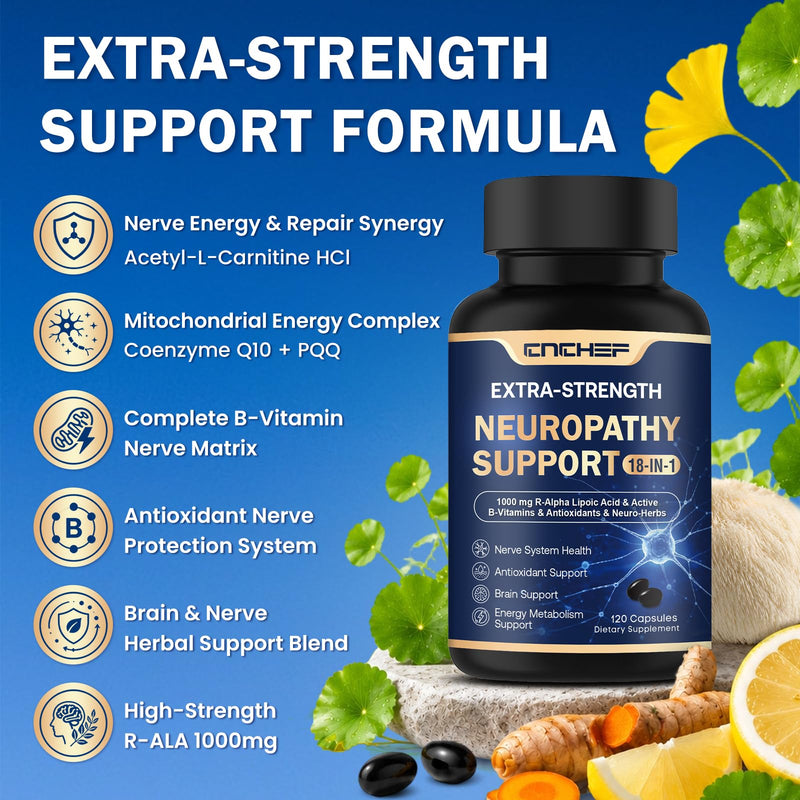 Neuropathy Support Nerve Supplement – 1000mg Advanced R-Alpha Lipoic Acid, L-Carnitine, Benfotiamine, PQQ,CoQ10,Magnesium & B-Complex for Nerve Health,Antioxidant & Cellular Energy,Vegan 120 Capsules 120 Count (Pack of 1)