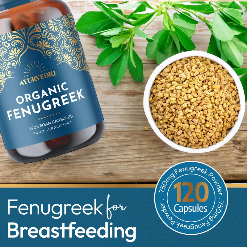 Ayurvediq Organic Fenugreek Capsules - 120 Vegan High Strength Fenugreek Powder Capsules for Lactating Mums, Hormonal & Blood Sugar Balance, Natural Supplements for Digestion 1 count (Pack of 120)
