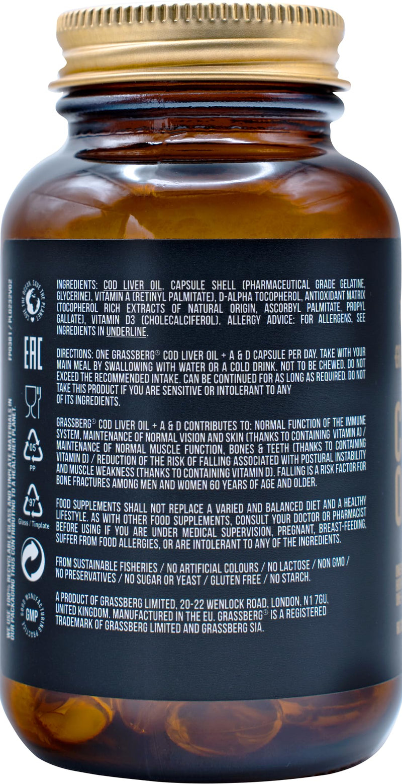 [Australia] - GRASSBERG - Cod Liver Oil + A + D | Cod liver oil + A + D | Supports the heart, immune system and metabolism - 60 capsules 