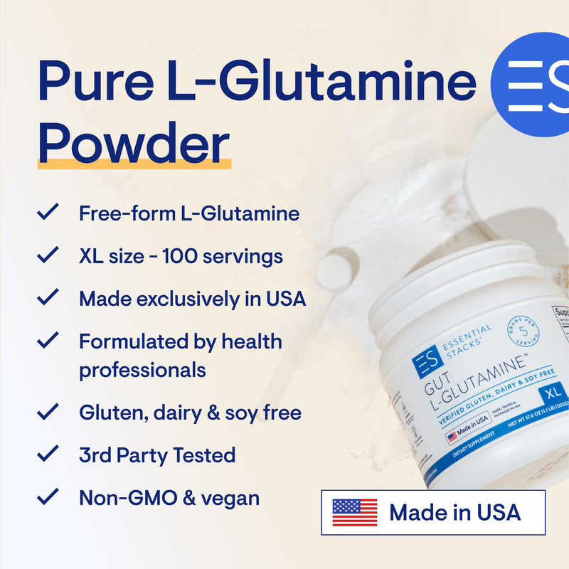 [Australia] - Essential Stacks Gut L Glutamine Powder XL (500 grams) - Made in USA, Non-GMO, Gluten Free, Vegan, Unflavored (100 Servings) 