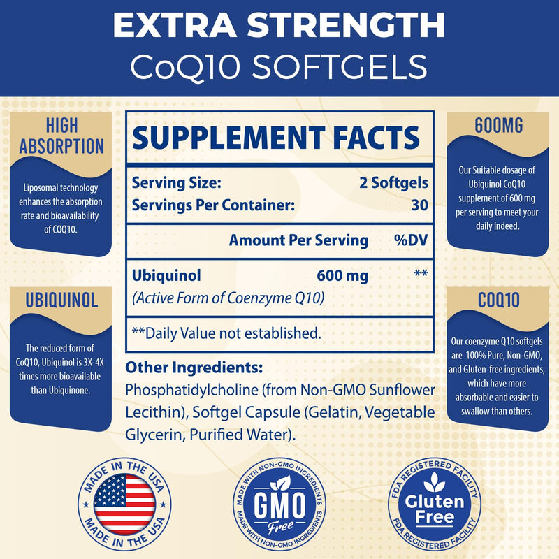 Liposomal CoQ10 Ubiquinol 600mg Softgels|Superior Absorption Ubiquinol CoQ10 Supplement|Powerful Active Antioxidant Form of Coenzyme Q10|Heart Function & Energy Production|60 Softgels 60 Count (Pack of 1)