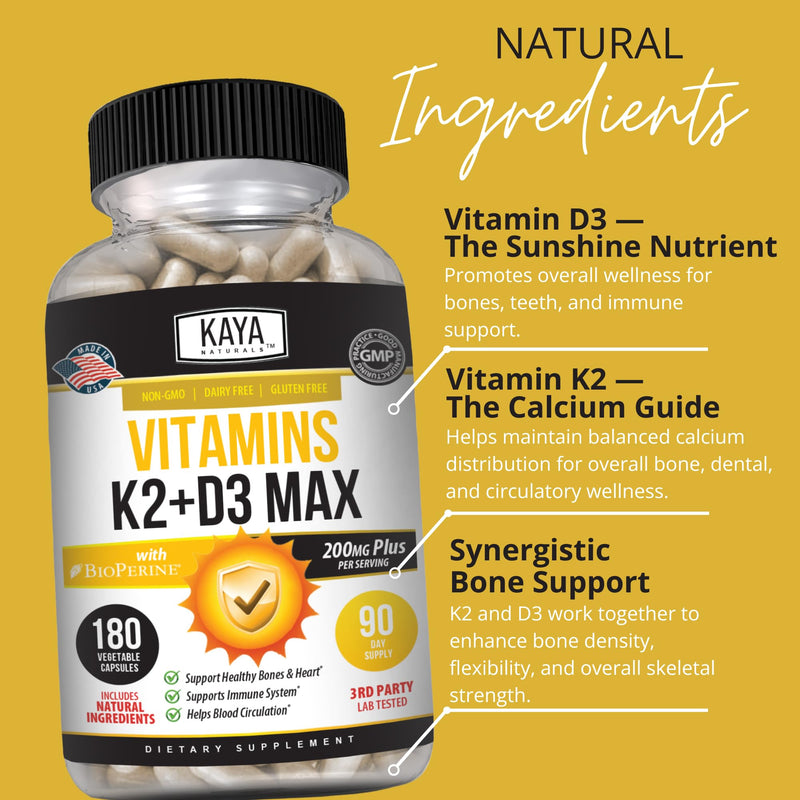Kaya Naturals Vitamins K2 with D3 5000IU Supplement for Men and Women - Easy to Swallow - Bioperine Capsules (180 Count (Pack of 1) 180 Count (Pack of 1)