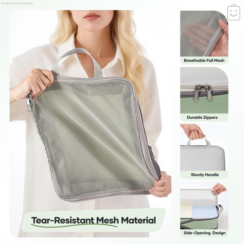 Veken 11 Set Compression Packing Cubes Garment Bags for Travel Essentials,Compressible Expandable Luggage Organizer Bags for Clothing,Space Saver Bags with Over 1000 pcs of Mesh Holes(Matcha Green) Matcha Green