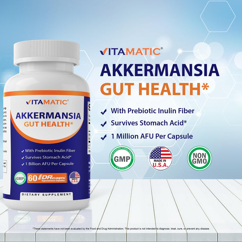 [Australia] - Vitamatic Akkermansia Muciniphila Gut Health - 60 DR Capsules (Delayed Released) - Made with Prebiotic Inulin Fiber 