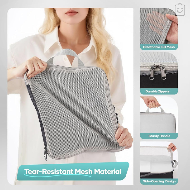 6 Set Lightweight Compression Packing Cubes with Packing List, Anti-Tearing Expandable Organizer Bags for Travel, (Dark Grey) Dark Grey