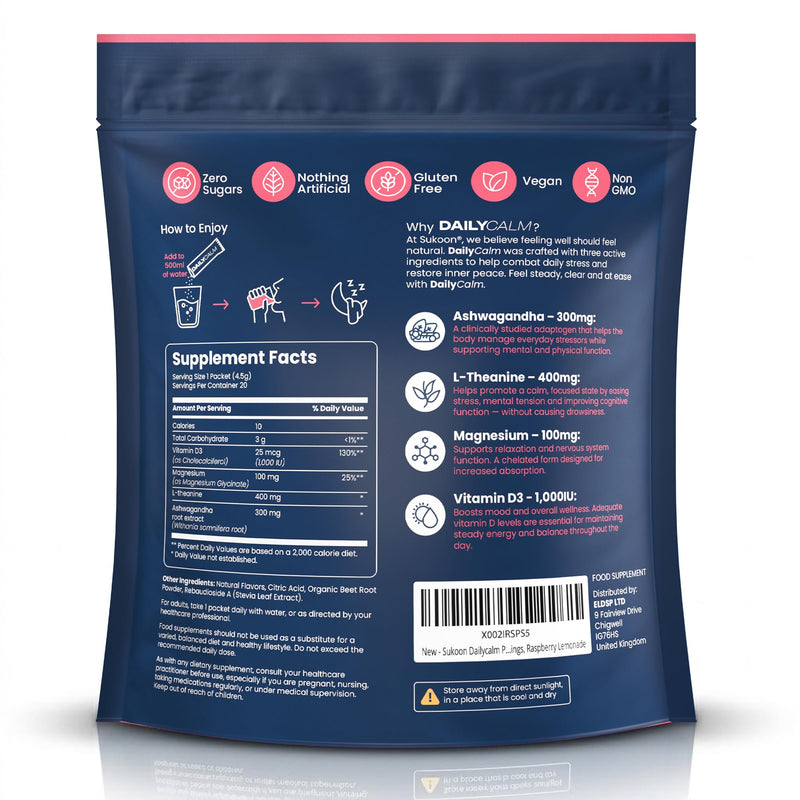 Sukoon Dailycalm Powdered Drink Mix, Cortisol Reducer and Sleep Aid Supplement, Magnesium Glycinate L-Theanine, Ashwagandha, Vitamin D3, No Sugar, Non GMO, On The Go, 20 Servings, Raspberry Lemonade