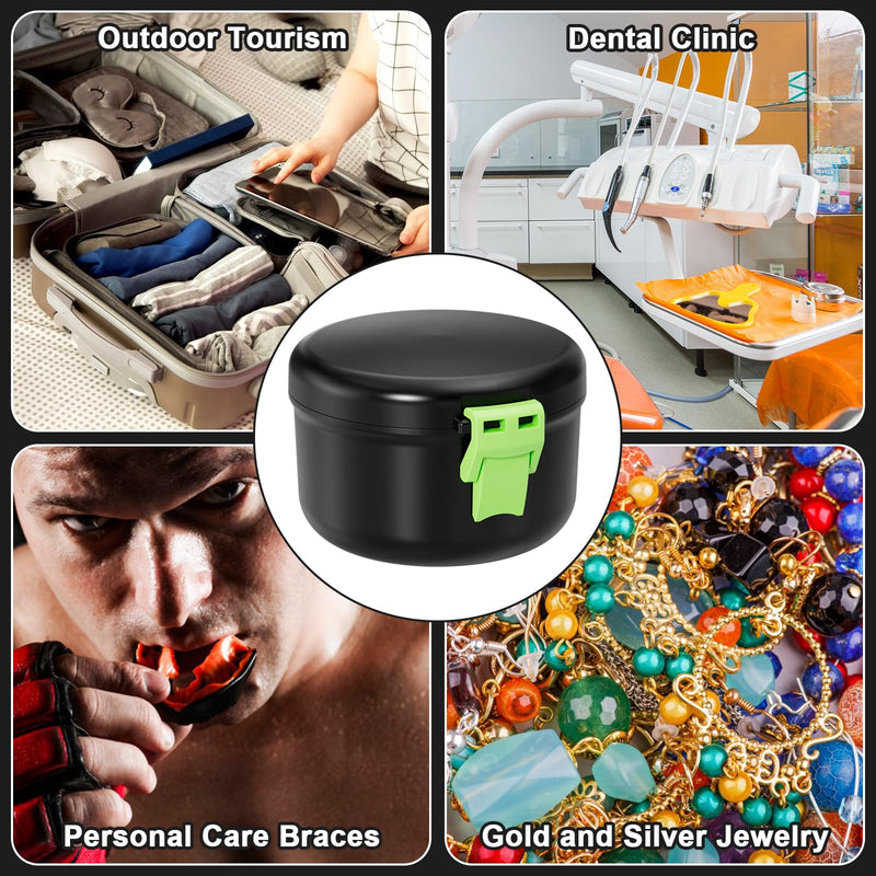 [Australia] - Leak Proof Denture Bath Cup, Travel Denture Case for Soaking Dentures & Retainer, Retainer Cleaner Case, Round False Teeth Container, Black+Light Green. Black + Light Green 