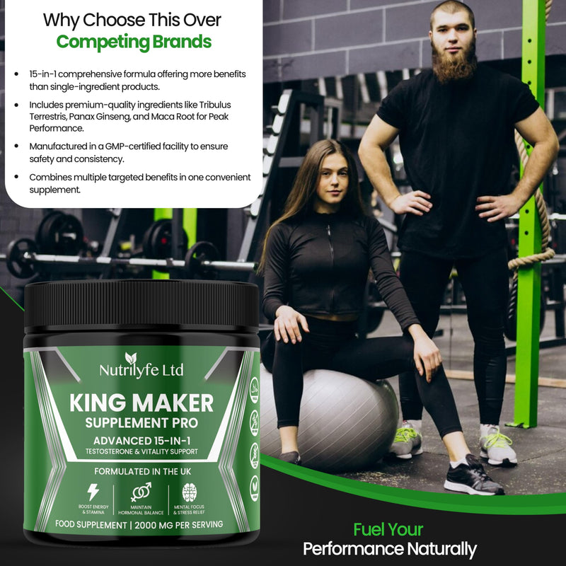 King Maker Supplement Pro - Premium 15-in-1 Testosterone & Vitality Booster for Men | Energy, Muscle, and Stamina Support | Tribulus Terrestris, Ashwagandha, Rhodiola | Vegan & GMP Certified