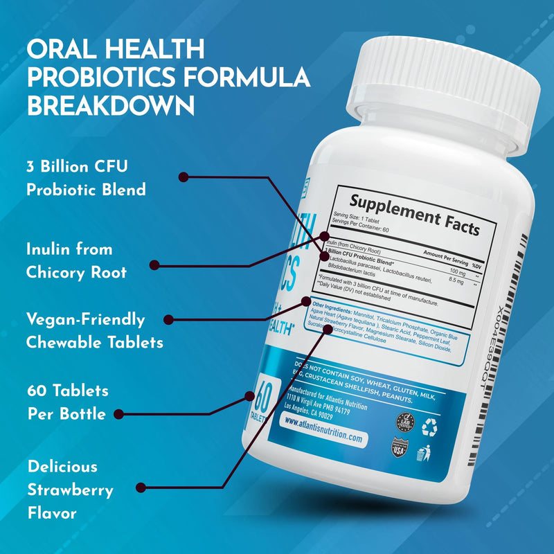 [Australia] - Atlantis Nutrition Oral Probiotics Chewable Tablet - Dental Probiotic for Gum Care & Teeth Care - Bad Breath Treatment for Adults - 3 Billion CFU Probiotic Blend - Strawberry Flavor - 60 Tablets 60 Count (Pack of 1) 