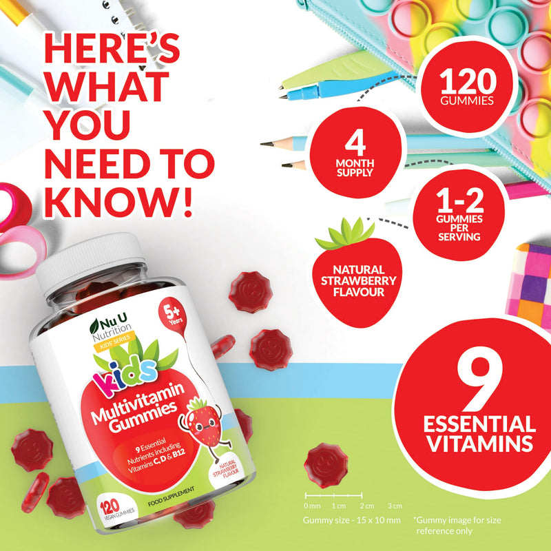 Nu U Nutrition - Multivitamin Gummies for Kids - 4 Month Suppply - 120 Vegan Berry Gummies - Strawberry Flavour - 9 Essential Vitamins Including Vitamin C, D & B12 - Made in the UK KIDS MULTIVITAMIN GUMMIES