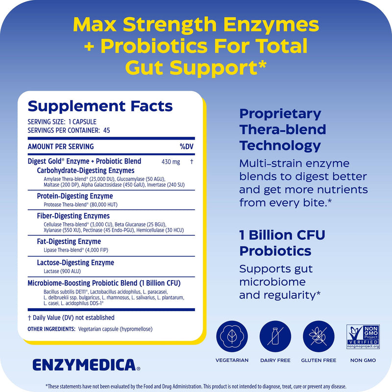 Enzymedica Digest Gold + Probiotics - Helps Gas & Bloating - 45 Capsules | Digestive Enzyme Supplement for Women & Men, Enzyme and Probiotic Capsules for Digestion, Gut Health Support, Vegetarian 45 Count (Pack of 1)
