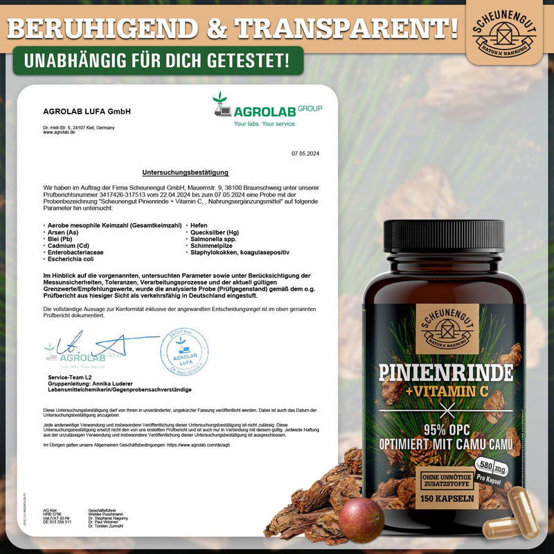 [Australia] - Pine bark extract -475mg OPC per capsule- IMPORTANT: 25:1 extract (=14500mg French maritime pine per dose) +Vitamin C I 150 capsules with 95% OPC I Laboratory tested -DE- SCHEUNENGUT® 
