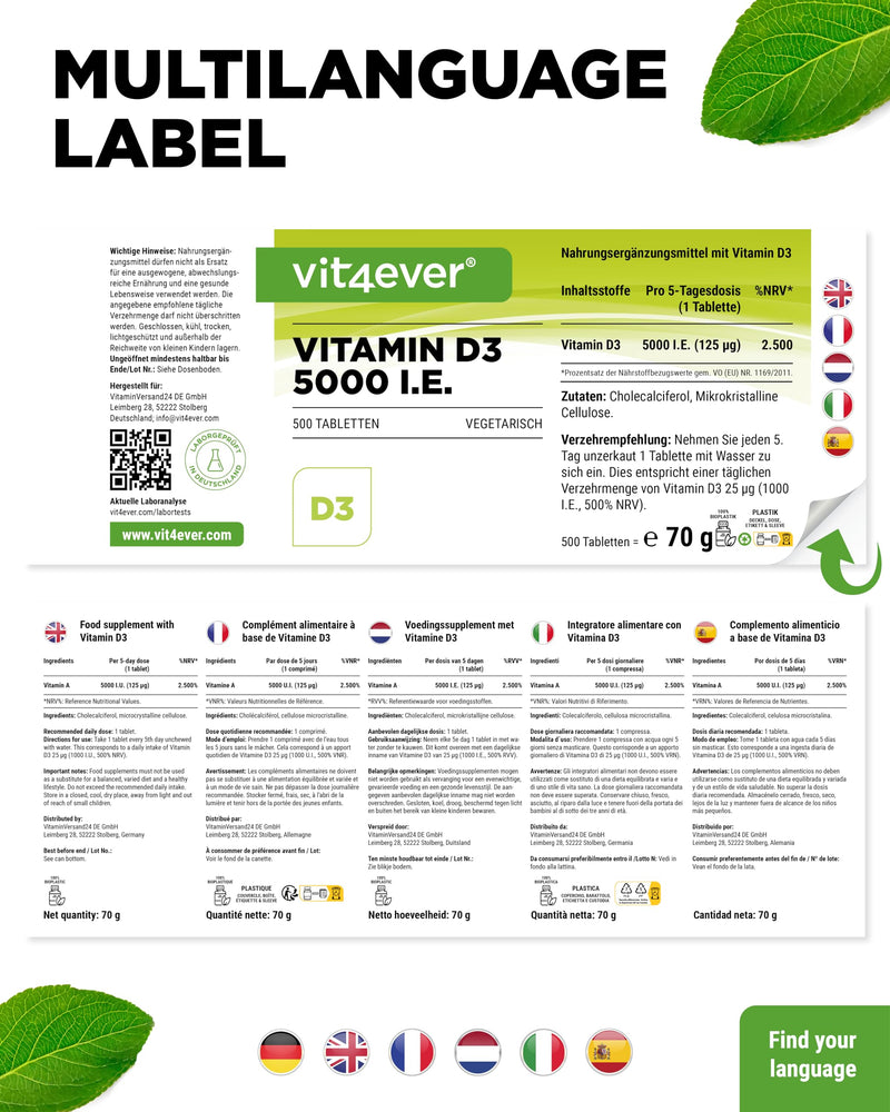 [Australia] - Vitamin D3 5000 IU Depot - 500 tablets - High dosage - Laboratory tested - Vegetarian - High purity - 5 daily doses of 1000 IU per day - Premium quality 