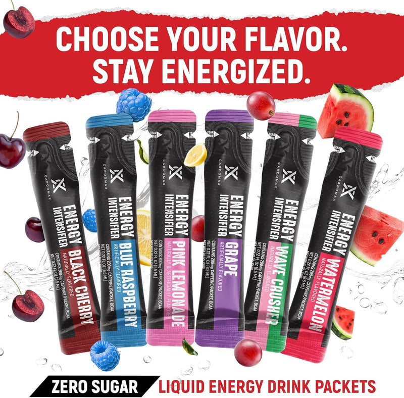 CardoMax Caffeine Packets, Grape, 15 Liquid Stick Packs | Energy Drink Packets with 200 MG Liquid Caffeine, BCAA, Vitamin B12 & B6, Sugar-Free, Zero Calorie, Vegan & Keto