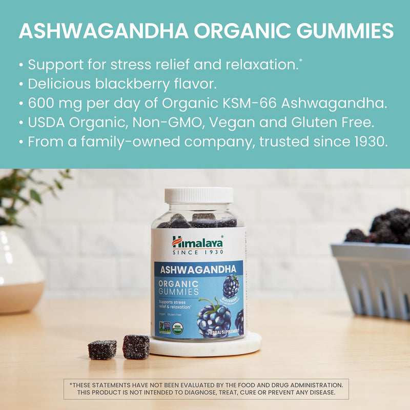 [Australia] - Himalaya Ashwagandha Organic Gummies, KSM-66 Organic Ashwagandha to help with Stress Relief, Energy and Relaxation, 60 Gummies with Delicious Blackberry Flavor 