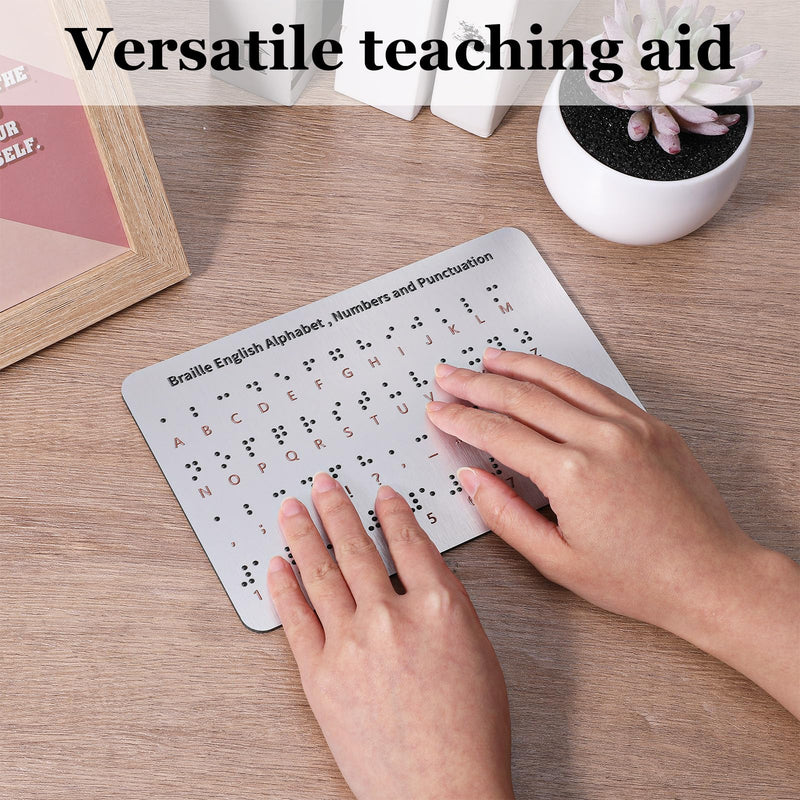 Braille Alphabet Board, Aluminum Letter Fingerboard Portable Teaching Aid Board Braille Gifts Alphabet Chart Visually Impaired Products for Beginners Blind Children Adults(Sliver)