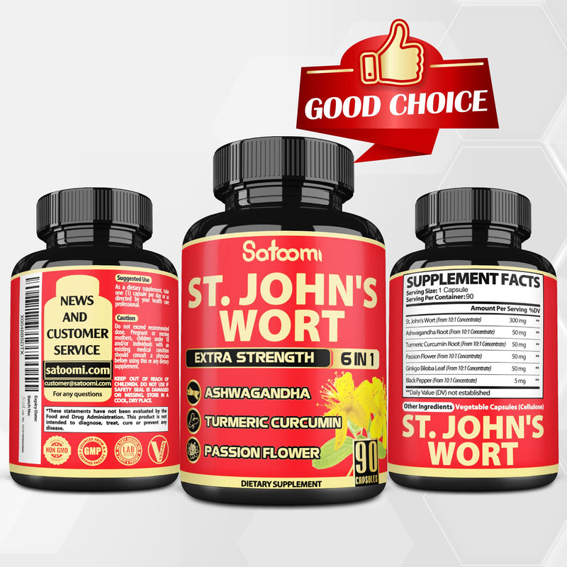 [Australia] - Satoomi St. John's Wort Capsules Extract Supplement 5050mg - 90 Veggie Caps 3-Month Supply - Ashwagandha Root, Turmeric Curcumin Root, Passion Flower & more 