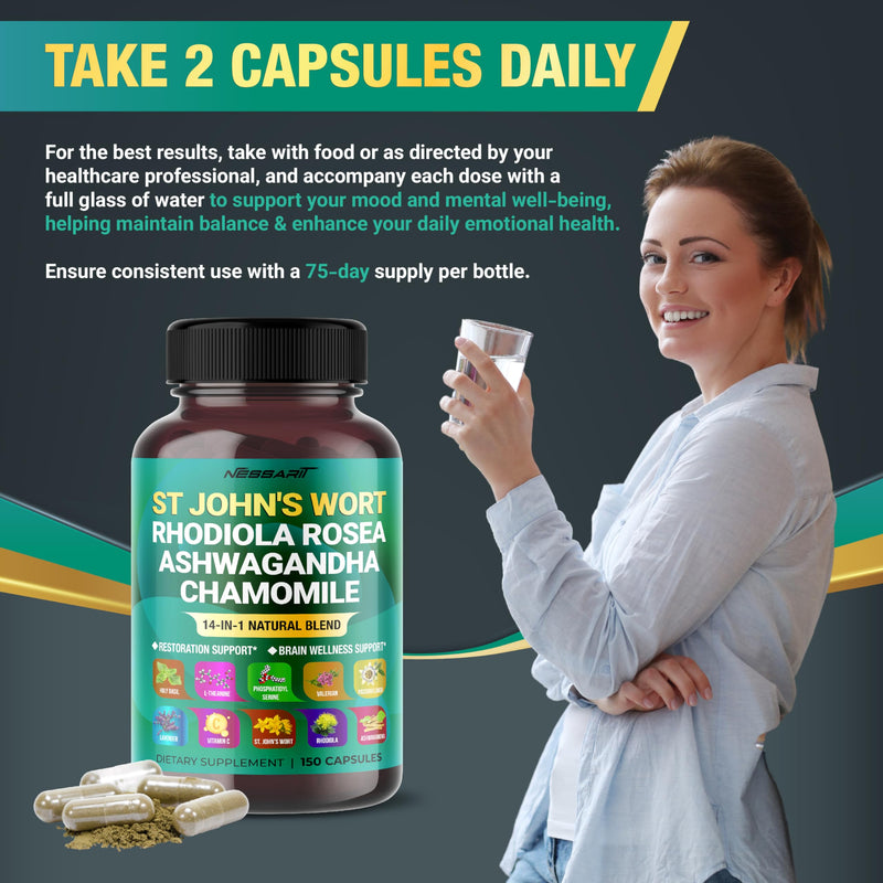 [Australia] - ST JOHN'S WORT 15,000mg 14-in-1 Natural Blend with Rhodiola Ashwagandha Chamomile Holy Basil L-Theanine Valerian Passionflower - 150 count - Made & Tested in The USA 150 count (pack of 1) 