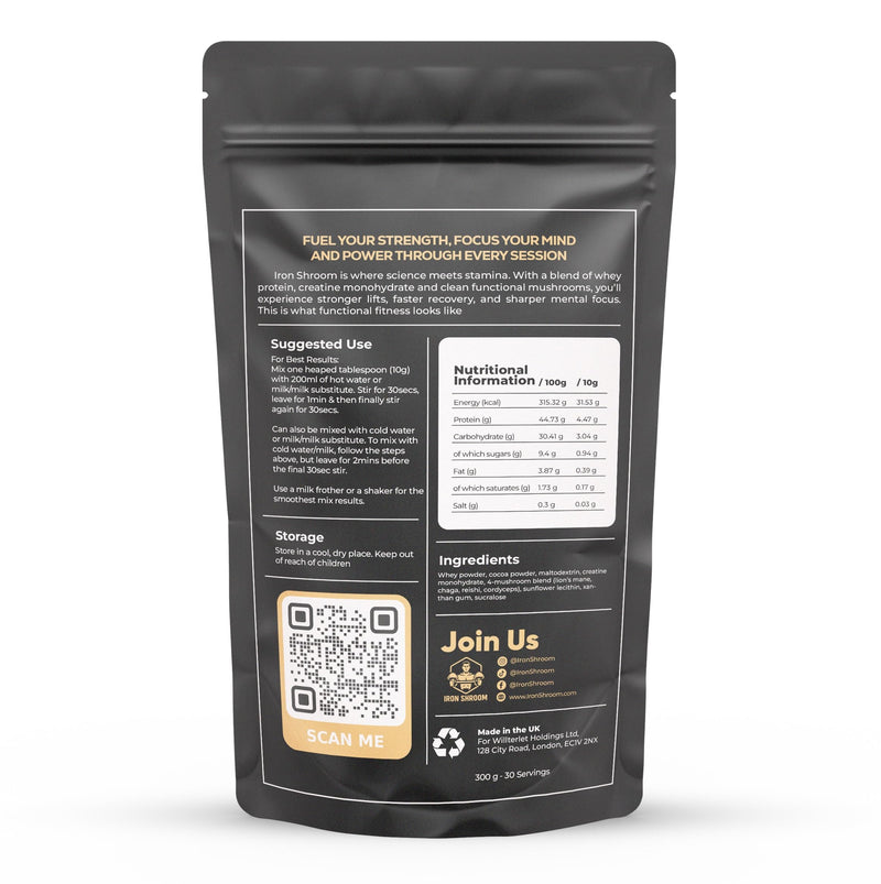 Iron Shroom by Cognitive Brews Chocolate Functional Performance Powder | Whey Protein, Creatine & 4 Mushroom Super Blend | 300g | 30 Servings Iron Shroom (Creatine)