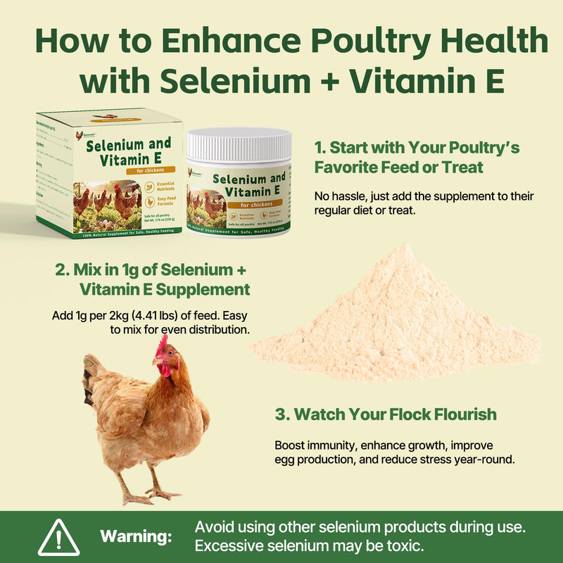Selenium and Vitamin E Powder for Chickens – Boost Immunity, Muscle Support & Reproductive Health, Selenium for Chickens to Prevent Wry Neck & Improve Egg Production, Chicken Vitamins for All Poultry