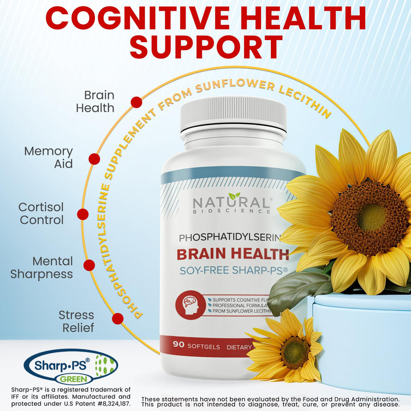 [Australia] - Soy Free Phosphatidylserine 100mg - Phosphatidylserine Supplement from Sunflower Lecithin, Patented Sharp PS100, Brain Health, Memory Aid, Cortisol Control, Mental Sharpness, Non GMO, 90 Softgels 90 Count (Pack of 1) 