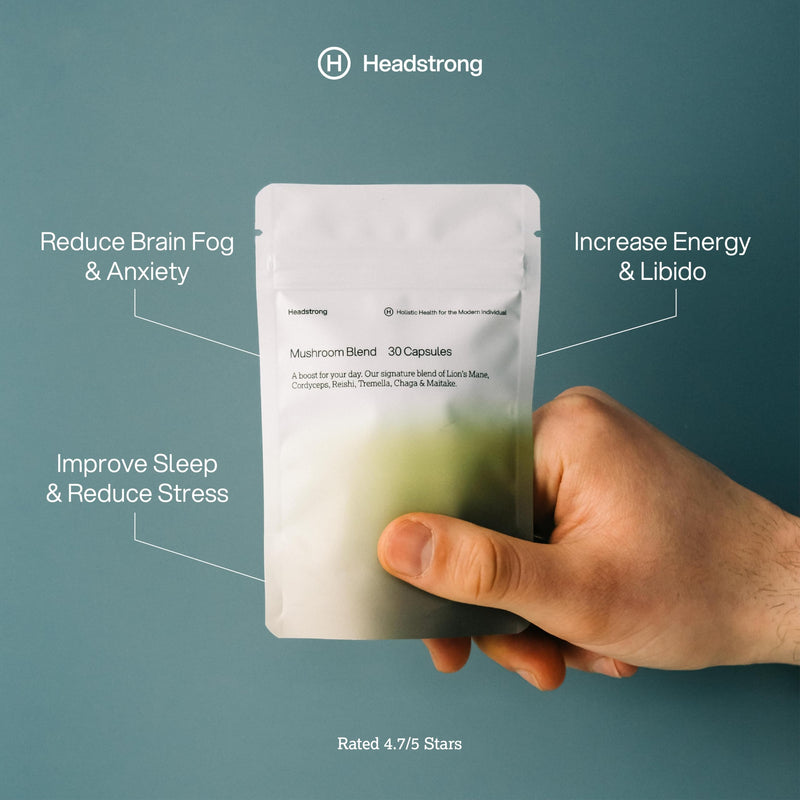 Headstrong 5 Mushroom Blend Capsules, 90% Active Compound Yield, Ultrasonic Triple-Extract, 30 Day Supply, 2,500mg per Capsule.