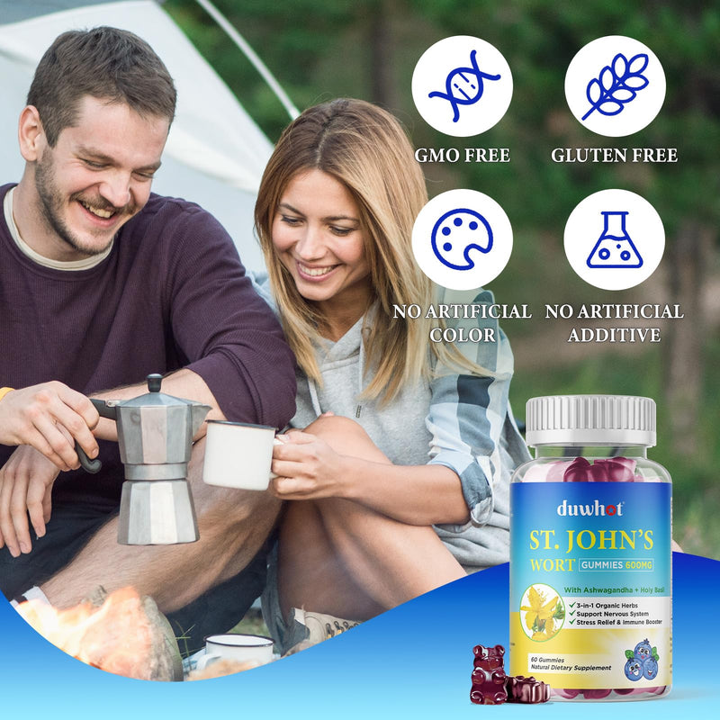 [Australia] - St John's Wort Gummies 600mg, with Ashwagandha & Holy Basil Extract for Adults & Kids, 3 in 1 Organic Herbal Supplements for Stress Relief, Nervous System Support, Non-GMO, Vegan, 60 ct. 