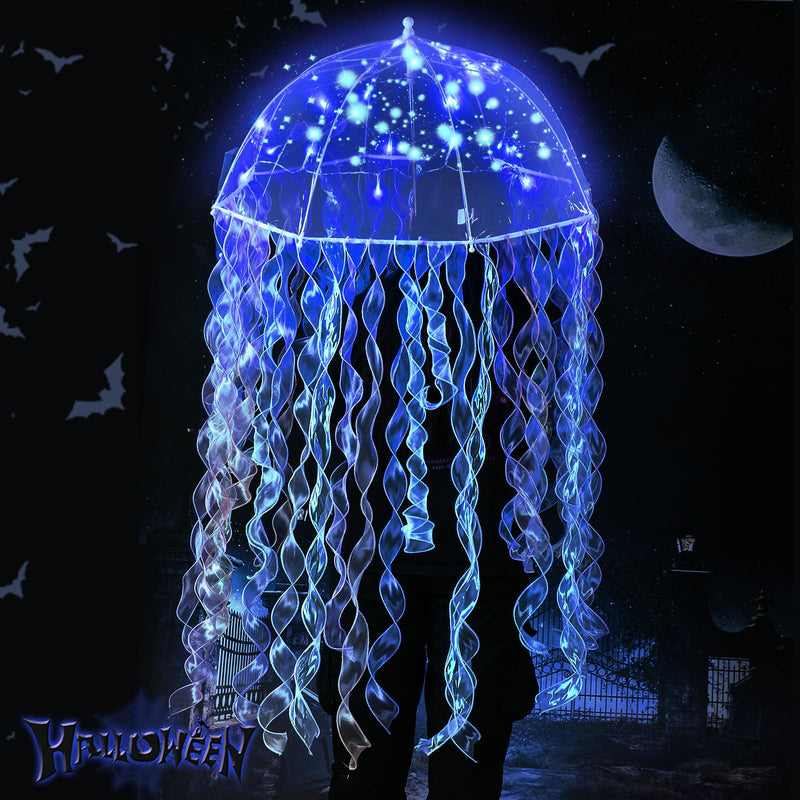 Halloween DIY Jellyfish Costume Set Including Clear Bubble Umbrella Ribbons LED String Lights Eyes and Glue for Halloween Costume Sea Creature Cosplay