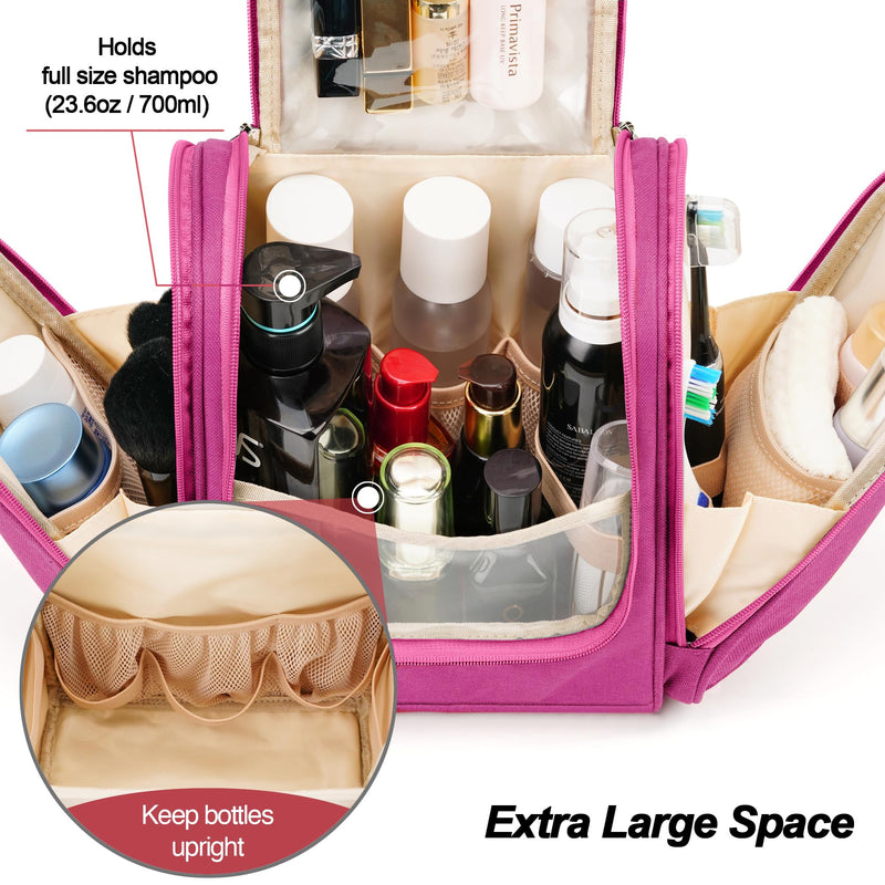 Hanging Travel Toiletry Bag for Women and Men, 6 Organizer Compartments, Large Toiletries essentials, Bathroom Cosmetic Accessories, Water-resistant Makeup Bag, Holds Full-Size Shampoo, Rose Red F - Rose Red