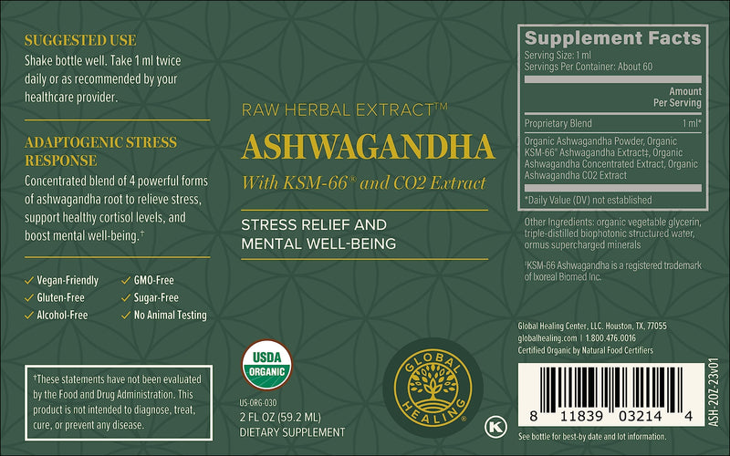 [Australia] - Global Healing Organic Ashwagandha Supplement Drops - KSM-66 Ashwagandha Extra Strength for Men & Women - Helps Promote Relief from Stress, Ashwagandha Complex, Ashwagandha Tincture Organic (2 Fl Oz) 