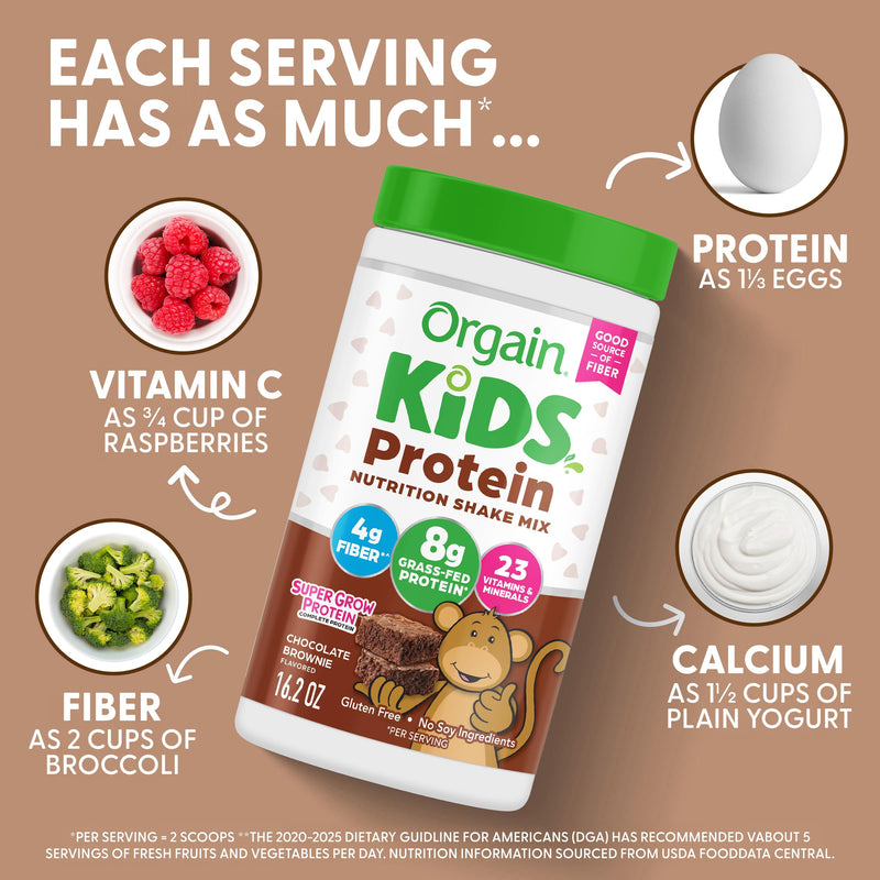 Orgain Kids 8g Grass-Fed Dairy Protein Powder, Chocolate Brownie, 1lb | Powder shake mix, 4g fiber, 23 vitamins & minerals, gluten free, no soy, adds nutritents to snacks, for shakes & smoothies 1.01 Pound (Pack of 1)