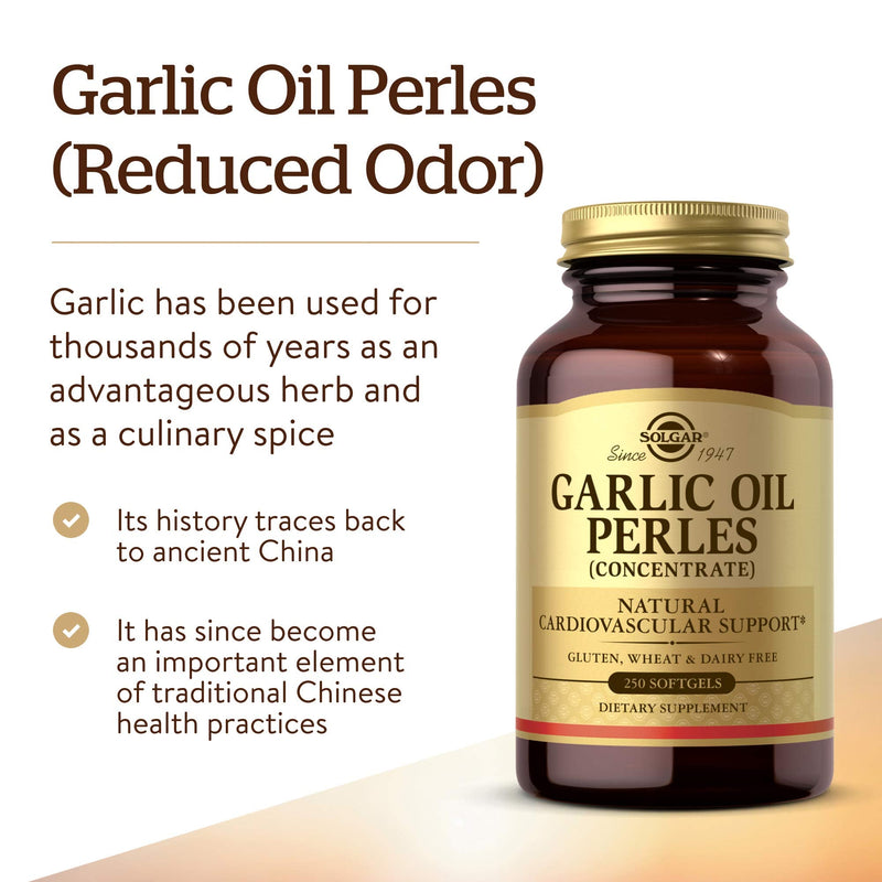 [Australia] - Solgar Garlic Oil Perles, 250 Softgels - Natural Cardiovascular Support - Garlic Oil Concentrate, Reduced Odor - Gluten Free, Dairy Free - 250 Servings 