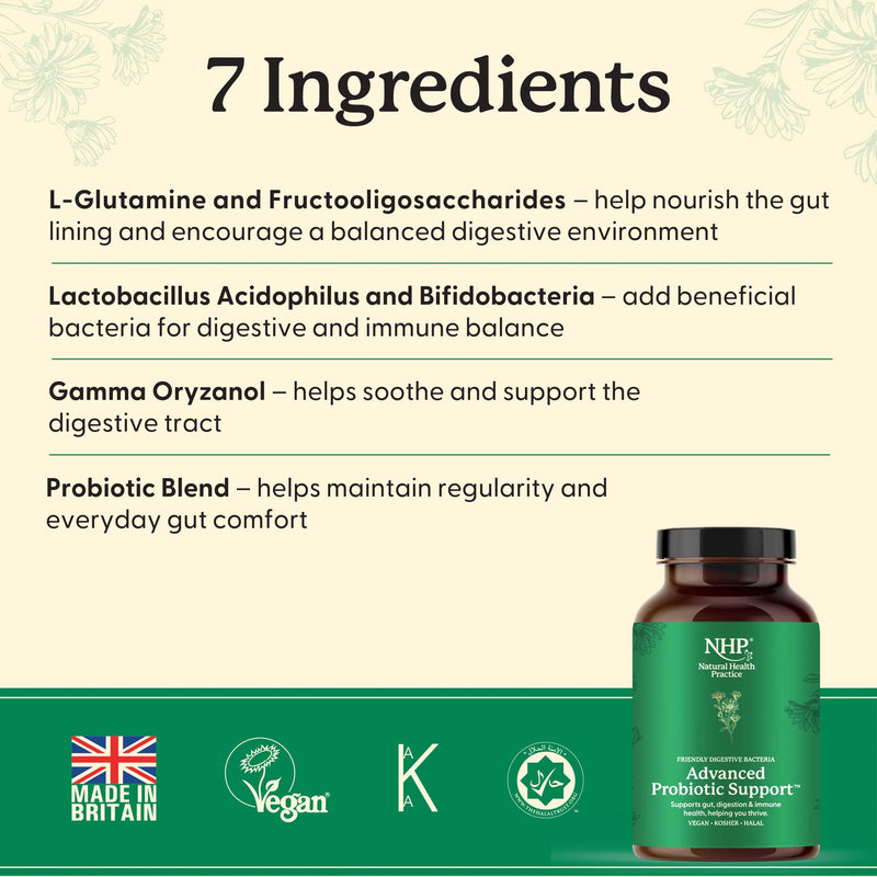 NHP Advanced Probiotic – High-Strength Gut Health & Immune Support Supplement | 22 Billion CFU with Lactobacillus & Bifidobacteria, Gamma Oryzanol & Prebiotics | Vegan, Gluten-Free, 60 Capsules