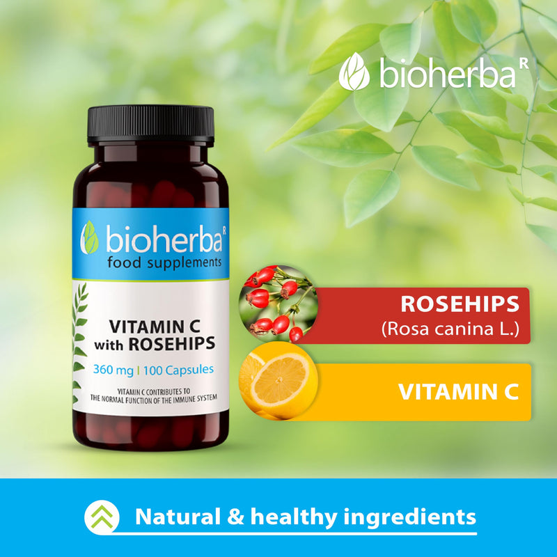 Vitamin C 360 mg with Rosehip – 100 Capsules | Natural Source of Vitamin C from Rosa canina Fruit | Ideal for Daily Wellness & Balanced Nutrition – by BIOHERBA 100 pcs