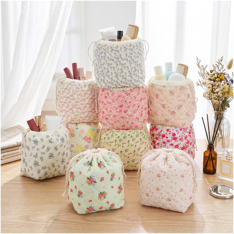 Kacctyen 10 Pcs Cotton Quilted Drawstring Makeup Bag Bulk, Floral Coquette Aesthetic Cosmetic Pouch Set with Canvas Lining, Boho Travel Toiletry Organizer, Bridesmaid Gifts for Women Girls