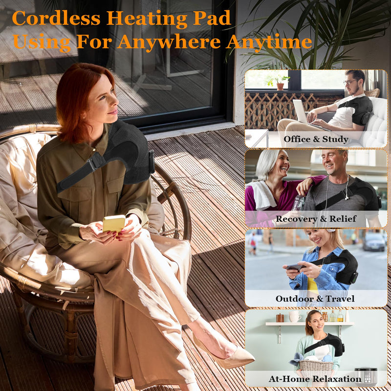 Cordless Shoulder Heating Pad & Massager, Electric Heated Shoulder Brace Wrap, Heating Pads for Rotator Cuff and Frozen Pain Relief,5000mAh Chargeable Powered, Men & Women(Black)