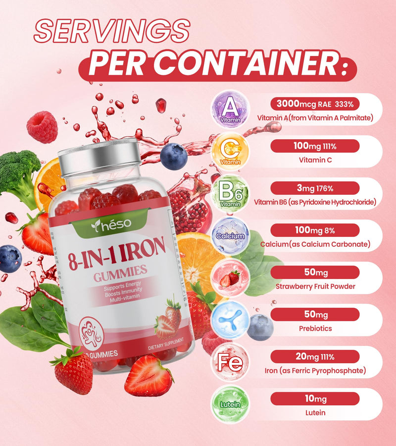 Iron Gummies for Kids & Teens, Kids Multivitamin with 20mg Iron Supplement, Vitamin A, C, B6 & Lutein – Sugar Free Multivitamin – Daily Nutrition & Eye Support, Strawberry Flavor, 60 Gummies 60 Count (Pack of 1)