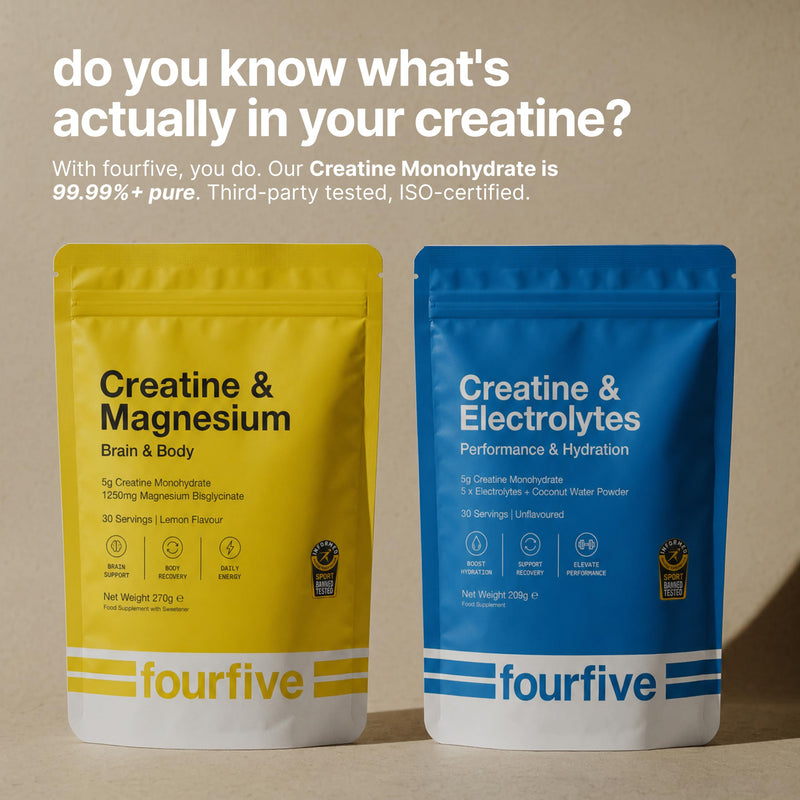 fourfive Creatine & Electrolytes Powder (Creatine Monohydrate) Easy Dissolve, Unflavoured & Vegan, Hydration & Strength Performance - 206g Pouch (30 Servings)